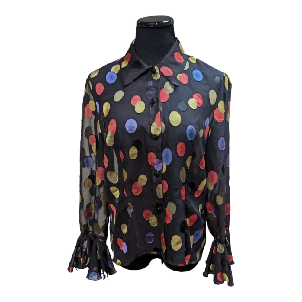 Joseph Ribkoff Retro Polka Dot Tie Sleeve Sheer Button Down Blouse Size 14